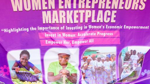 A banner with photos of women selling food